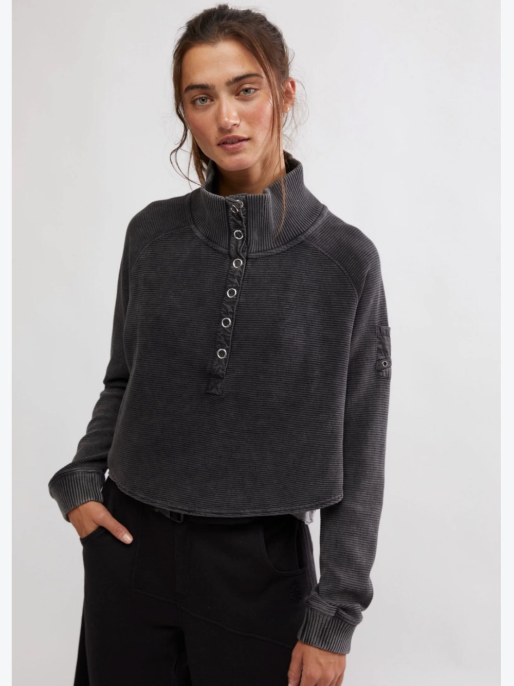 Free People Movement So Fly Henley Size Large in Black/ Grey 100% Cotton